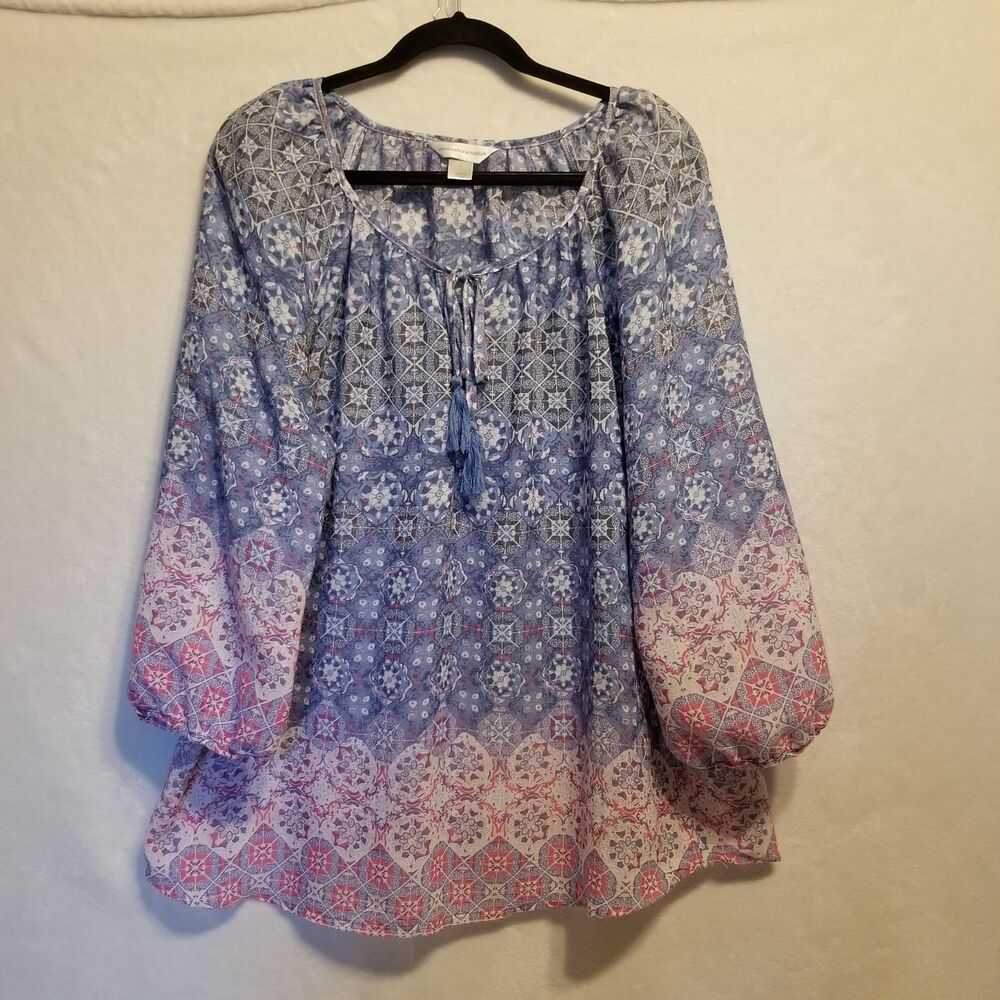 Christopher & Banks XL Top Block Print Lightweight Purple Boho Peasant Festival